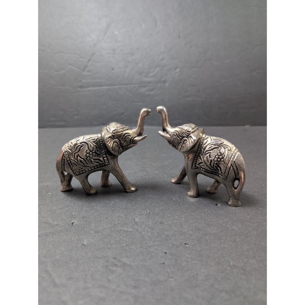Lot Of 2 India Metal Elephants Hand Carved Collectible Trunks UpFigures 4"X3"